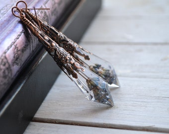 Real lavender dangel earrings, crystal point earrings, bronze filigree cone.