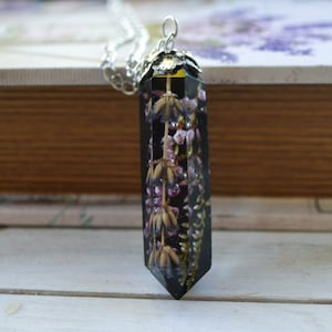 Crystal necklace with real lavender and heather inside, crystal point necklace