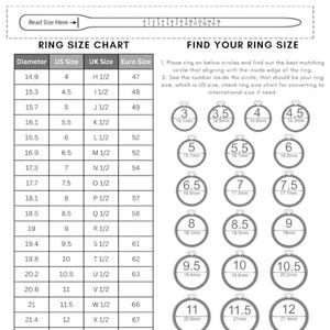 Peut inclure: Un tableau des tailles de bagues avec un tableau indiquant les tailles de bagues am&eacute;ricaines, britanniques et europ&eacute;ennes, ainsi que le diam&egrave;tre correspondant en millim&egrave;tres. Le tableau comprend &eacute;galement un guide visuel avec des cercles repr&eacute;sentant diff&eacute;rentes tailles de bagues.