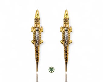 Boucles d'oreilles crocodile en or vermeil, bijoux alligator zircone blanche