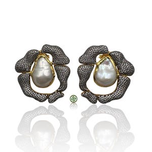 16-18mm white large baroque pearl earrings,freshwater pearl goldvermeil earrings,rose paved embeded  bezel set pearl earrings