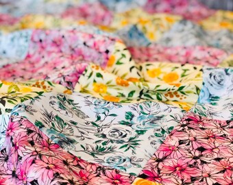 Couverture en patchwork doux Minky pour bébé fille, mélange floral printanier, rose, orange, bleu et vert, décoration de ferme, shabby chic