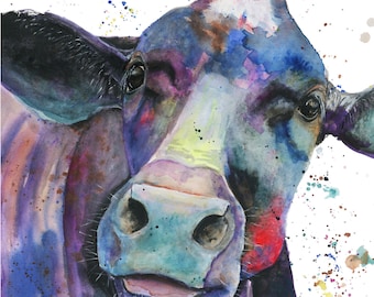 Colorful Cow Watercolor Painting: Farmhouse Wall Art Print