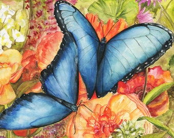 Blue Morpho painting, butterfly watercolor print, Flower garden painting, Butterfly garden, Watercolor flower garden, Butterfly flower art