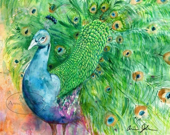 Colorful Peacock Art Print: Watercolor Bird Painting