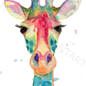 Aquarel giraffe schilderij voor interieur, aquarel Giraffe kunst aan de muur, Giraffe kunst aan de muur voor kinderkamer, Kleurrijk giraffe schilderij