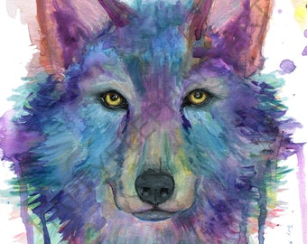 Abstract wolf painting for wall decor, Wolf art print from original watercolor painting, Colorful wolf painting