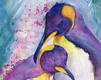 Impresión artística de pingüino emperador en acuarela: decoración única para el hogar con pingüinos