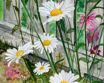 White Daisy Watercolor Art Print: Wildflower Home Decor