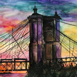 Aquarell Sonnenuntergang Brücke Kunstdruck: Cincinnati Roebling Bridge