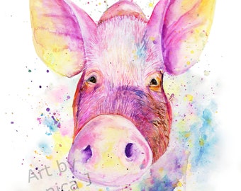 Impresión artística de acuarela de cerdo colorido: decoración de pared de animales de granja