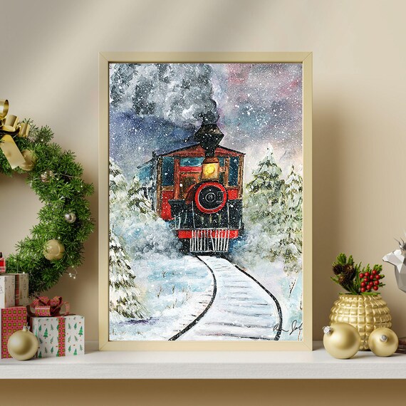 水彩画のクリスマス列車アートプリント：雪に覆われた冬の風景の列車