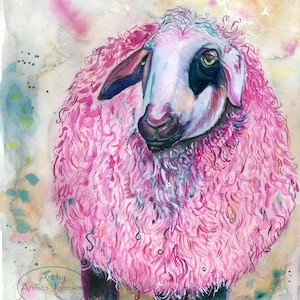 Whimsical Pink Sheep Watercolor Art Print