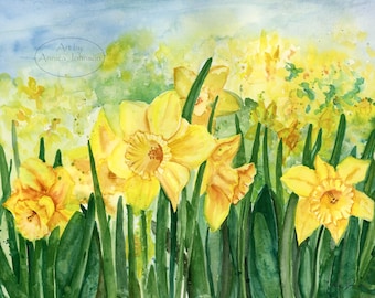 Impresión artística de acuarela de narciso: pintura de flores de primavera