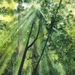 Watercolor landscape, Watercolor forest print, Forest art print, Green forest art, Tree art print, Green forest painting