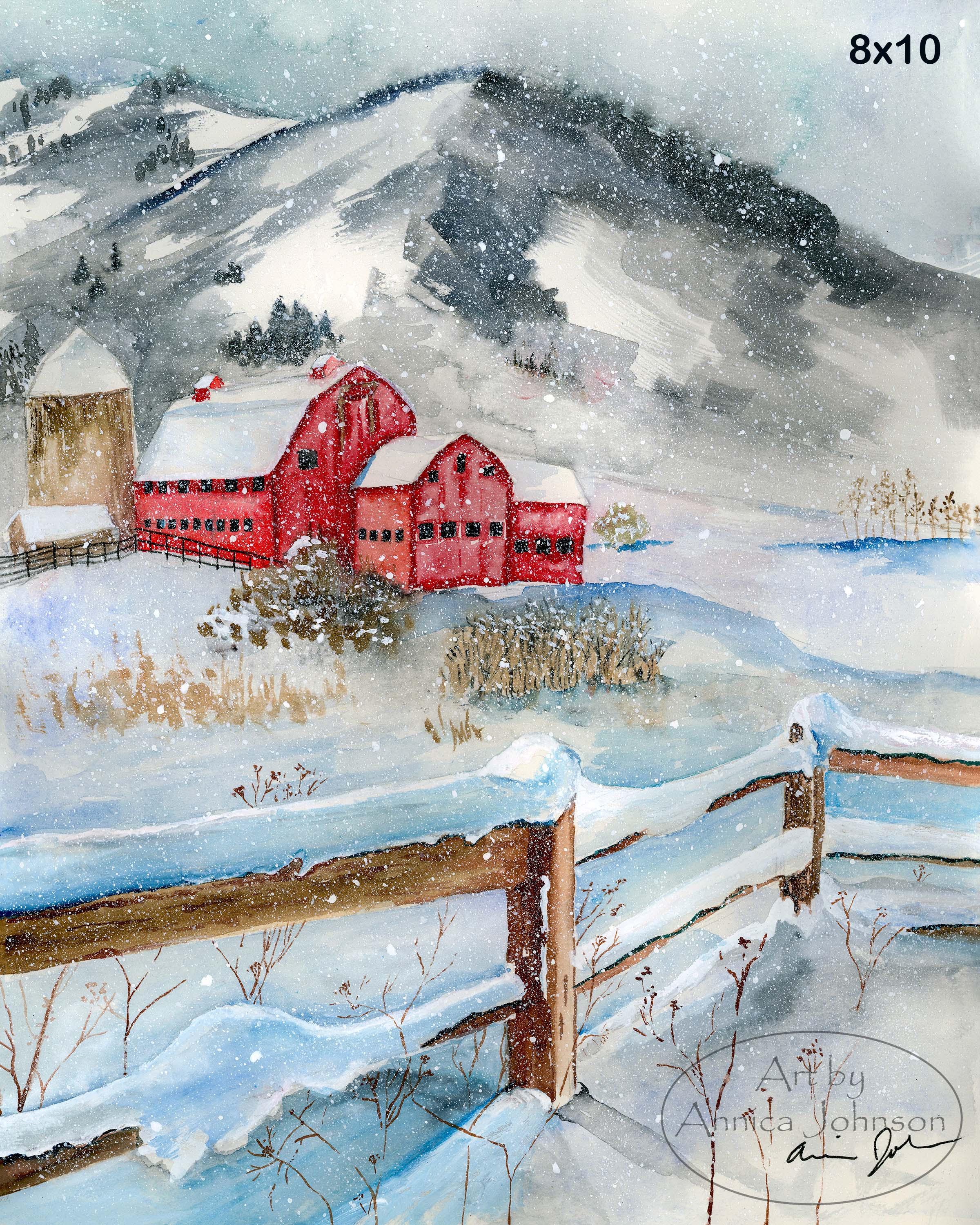 Snowy Red Barn Watercolor Art Print, Rustic Wall Decor - Etsy
