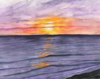 Watercolor sunset painting print for home decor, Sunset watercolor painting, Sunset print from original painting