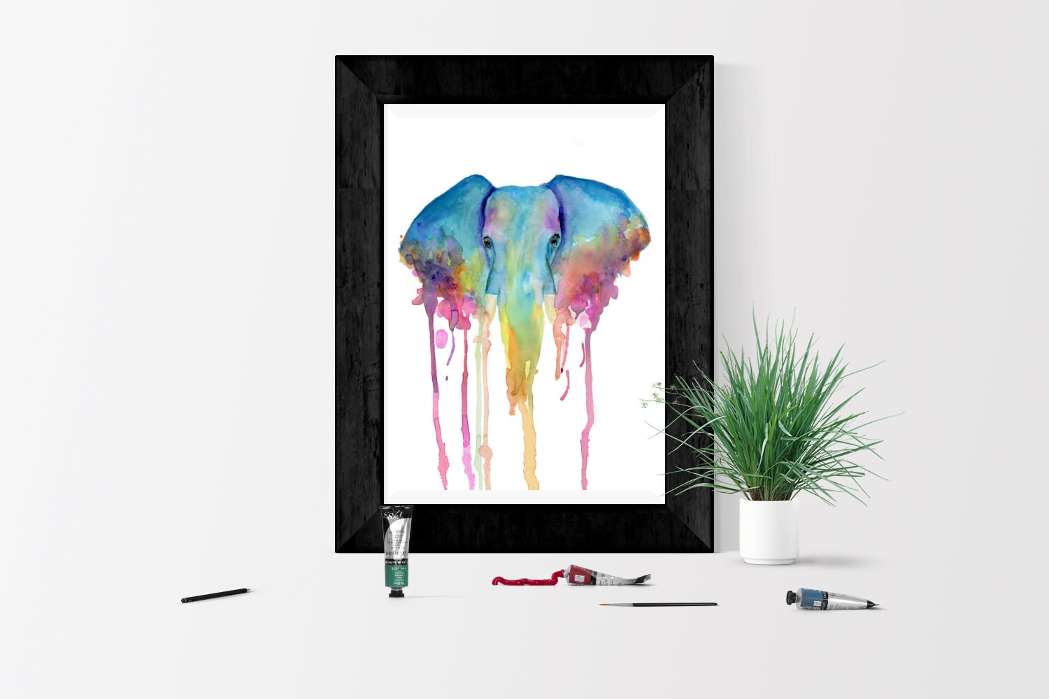 カラフルな象の水彩画アートプリント：抽象的なホームデコレーション
