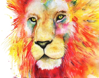 Lion Watercolor Art Print: Colorful Big Cat Wall Decor