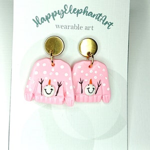 Handmade Pink Christmas Sweater Earrings: Polymer Clay Snowman