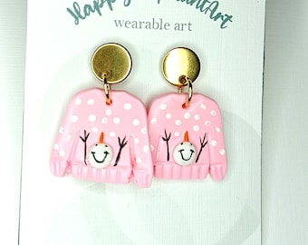 Handmade Pink Christmas Sweater Earrings: Polymer Clay Snowman