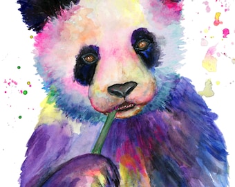 Pintura em aquarela de urso panda colorido: impressão de arte de parede para berçário
