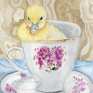 Duckling Nursery Art Print: Watercolor Duck in Teacup