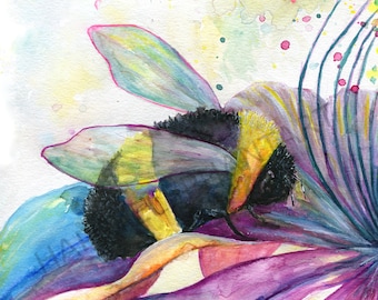 Bumble Bee Watercolor Art Print: Floral Wall Decor