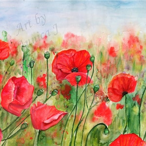 Red Poppy Field Watercolor Art Print: Floral Landscape Painting