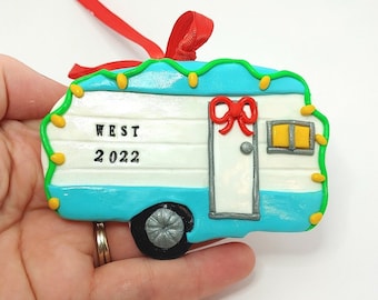 Personalized camper ornament, Vintage camper ornament, Gift for campers, Polymer clay ornament, Christmas camper keepsake ornament