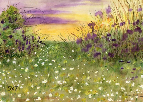 水彩画の花畑アートプリント：田舎の風景の壁飾り - Etsy 日本