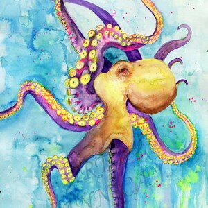 Abstract Octopus Watercolor Art Print: Vibrant Sea Life Wall Decor