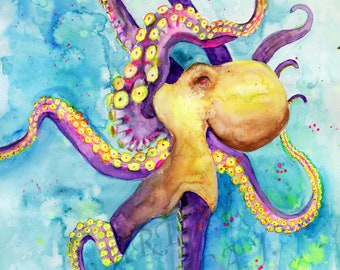 Aquarell Tintenfisch Kunstdruck, Oktopus Wandkunst, Lebendige Oktopus Malerei, Oktopus Kunstdruck, Abstrakte Oktopus Malerei, Sea Life Kunst