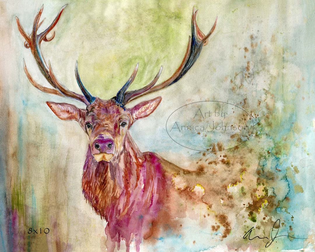 Watercolor Deer Art Print: Abstract Wildlife Painting, Deer Antler ...