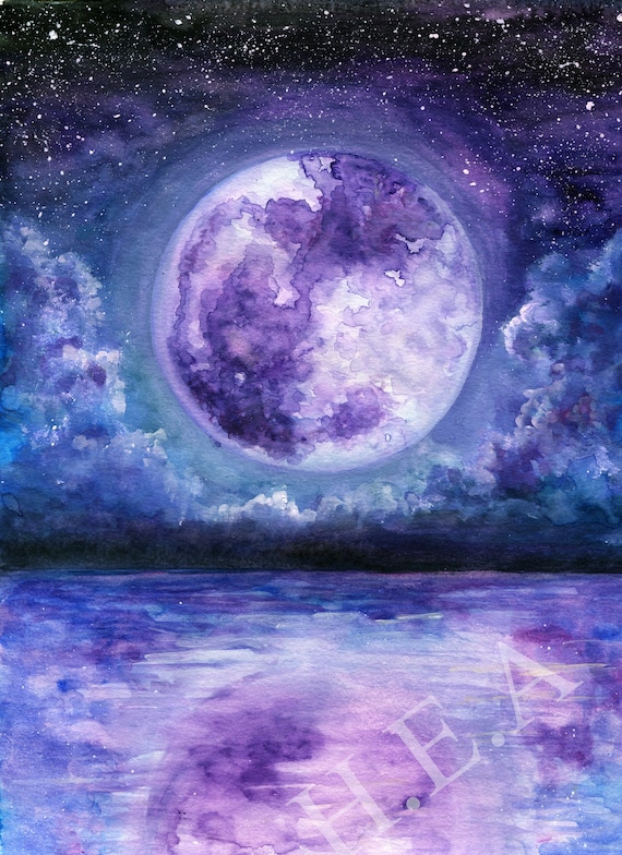 Watercolor moon painting print Purple moon wall art moon | Etsy