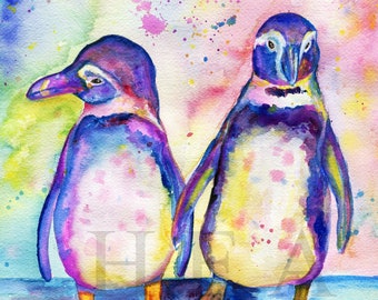 Watercolor penguin art print, Penguin painting, Colorful penguin wall art, Penguin lover gift idea, Penguin art print