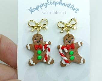 Handmade Gingerbread Man Christmas Earrings, Polymer Clay Food Jewelry