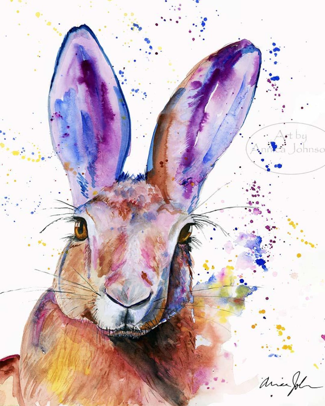 Rabbit Watercolor Art Print, Colorful Bunny Wall Art - Etsy
