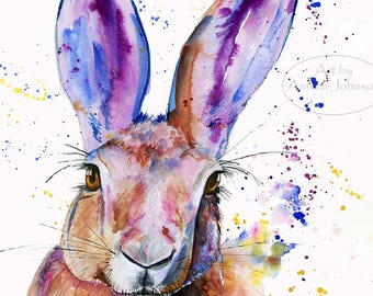 Rabbit Watercolor Art Print, Colorful Bunny wall art