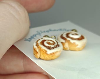 Handmade Miniature Cinnamon Bun Earrings: Polymer Clay Food Jewelry