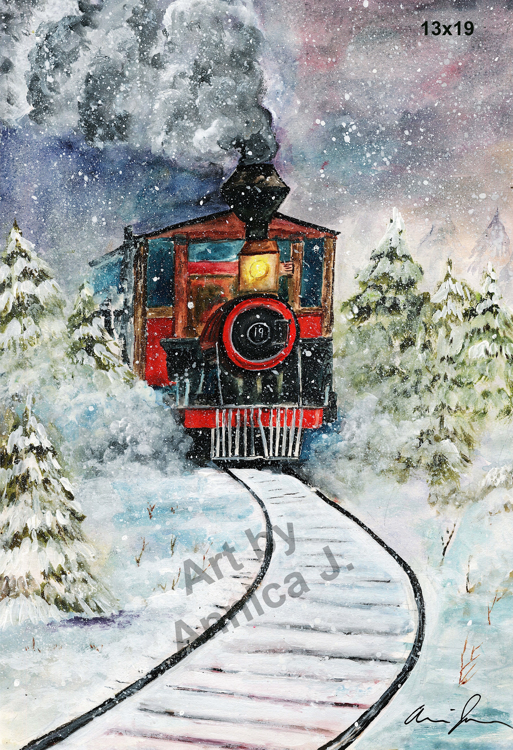 水彩画のクリスマス列車アートプリント：雪に覆われた冬の風景の列車