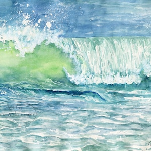 Aquarel oceaangolf: kunstafdruk stranddecoratie