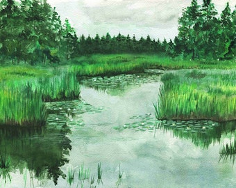 Green Landscape Watercolor Art Print: Water reflection