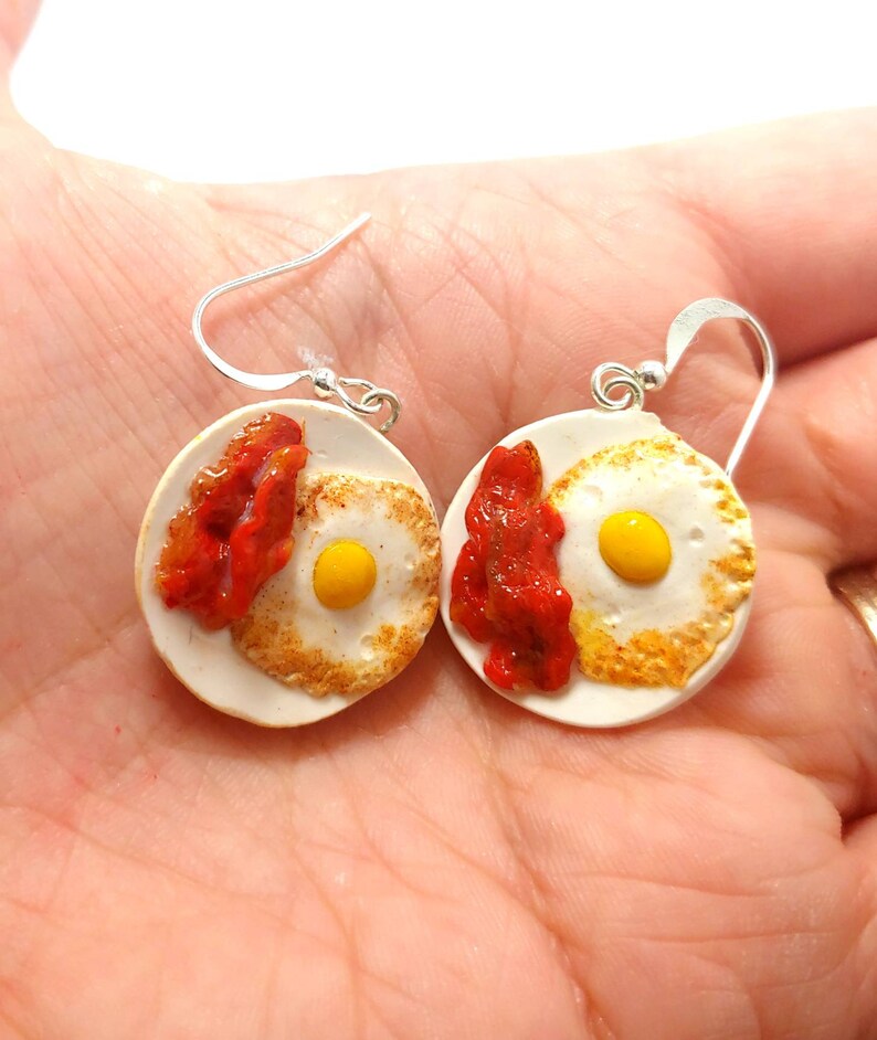 Polymer clay breakfast earrings Bacon and eggs earrings Fun Etsy