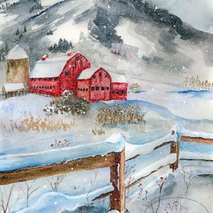 Snowy red barn watercolor art print, Rustic wall decor