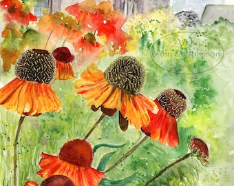 Aquarel kunstafdruk oranje zonnehoed: botanische bloem muurkunst