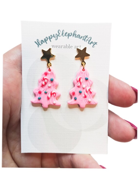 Handmade Pink Christmas Tree Earrings: Polymer Clay, Gold Plated Star