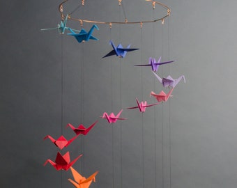 Rainbow Spiral Origami Crane Mobile Featuring 20 Six Inch Cranes in Blues to Greens Rainbow Spiral
