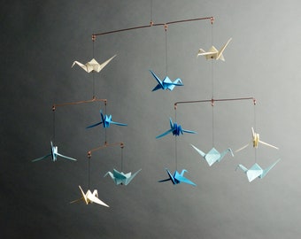 Handmade Origami Crane Mobile: Blue & White Paper Cranes, Copper Wire