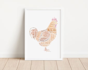 Personalised Hen Print - Chicken Word Art - Birthday, Hen Party Gifts - For Her, Him, Men, Women - Bride To Be, Hen Accessories